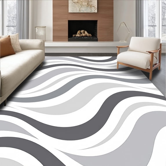 ODIKA 4'x6' Machine Washable Non-Slip Area Rug, Abstract Wave Flow Modern Contemporary Minimalist Artistic Floor High Traffic Rug with Pad, Gray, 615973