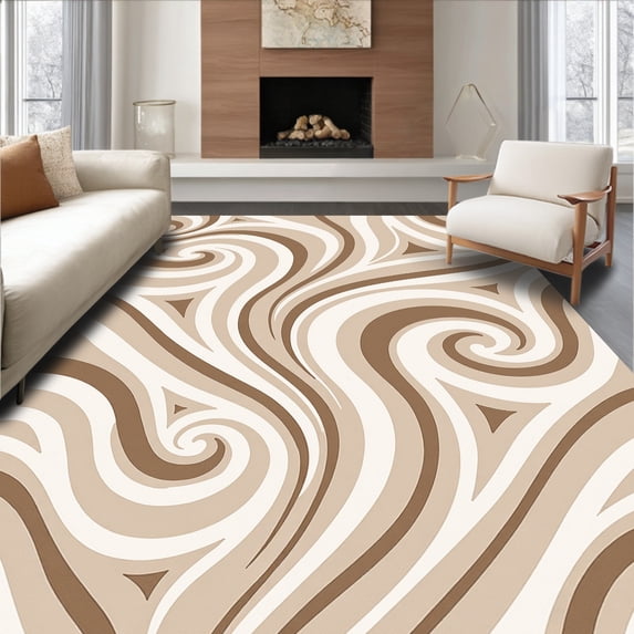ODIKA 4'x6' Machine Washable Non-Slip Area Rug, Abstract Wave Flow with Swirl High Traffic Rug with Pad, Beige, 661680