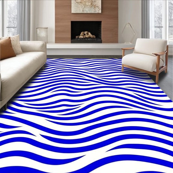 ODIKA 4'x6' Machine Washable Non-Slip Area Rug, Abstract Wave Motif Featuring Repetitive Curved Stripes High Traffic Rug, Blue, 716084