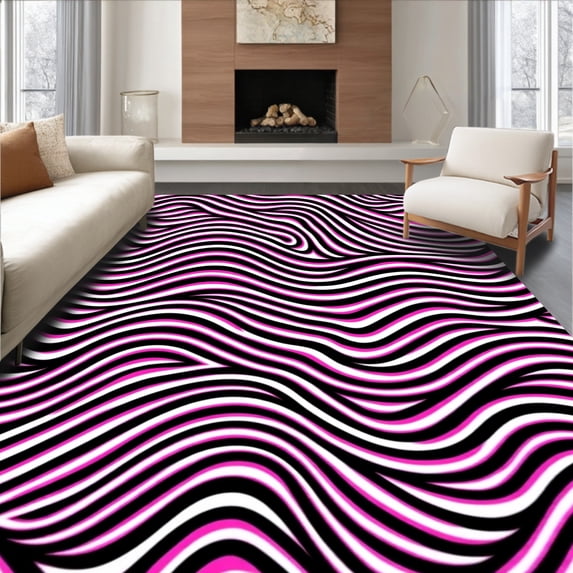 ODIKA 4'x6' Machine Washable Non-Slip Area Rug, Abstract Wave Ripple Slip Resistant Floor Cover High Traffic Rug with Pad, Pink, 522694
