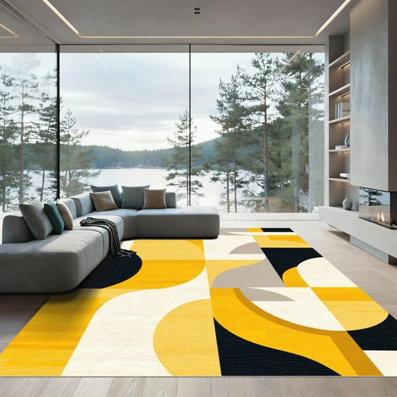 ODIKA 4'x6' Machine Washable Non-Slip Area Rug, Abstract Yellow High Traffic Rug, Yellow, 1074860