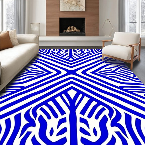 ODIKA 4'x6' Machine Washable Non-Slip Area Rug, Abstract with Crisp Contrast and Symmetry High Traffic Rug, Blue, 716049
