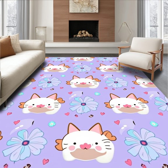 ODIKA 4x6 Machine Washable Non-Slip Area Rug, Adorable Cartoon Feline Head Design with Floral Accents and Blushing Cheeks High Traffic Rug, Purple, 531373