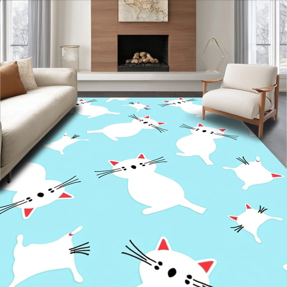 ODIKA 4'x6' Machine Washable Non-Slip Area Rug, Adorable Feline Bathroom Tufted Decorative Accent High Traffic Rug with Pad, Blue, 723847