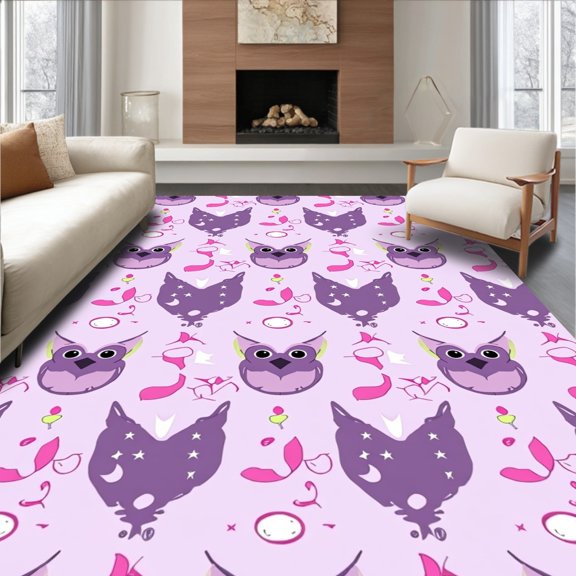 ODIKA 4x6 Machine Washable Non-Slip Area Rug, Adorable Night Owl with Starry Celestial High Traffic Rug, Purple, 721802