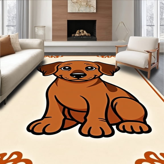 ODIKA 4'x6' Machine Washable Non-Slip Area Rug, Adorable Wiener Dog Latch Hook Canvas Kit Needlework Project High Traffic Rug, Beige, 646246