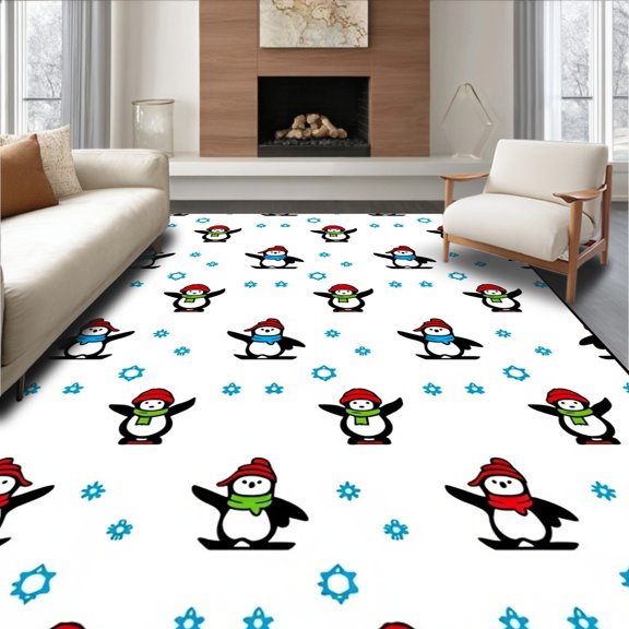 ODIKA 4'x6' Machine Washable Non-Slip Area Rug, Adorable Winter Penguin Family Latch Hook Project High Traffic Rug, Red, 618676