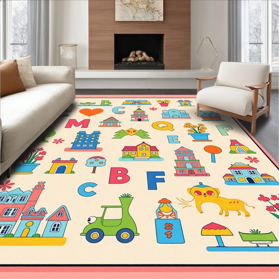ODIKA 4'x6' Machine Washable Non-Slip Area Rug, Adventure ABC Map with Illustrated and Storybook Icons High Traffic Rug, Beige, 698984
