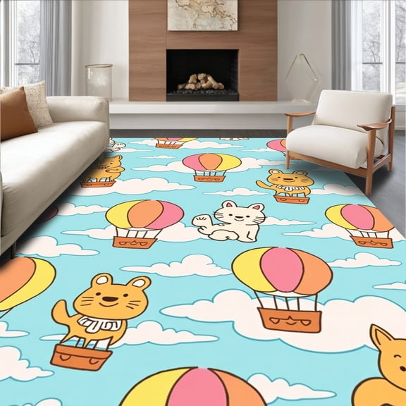ODIKA 4x6 Machine Washable Non-Slip Area Rug, Adventure Sky Journey Whimsical Animals Floating Pastel Clouds High Traffic Rug, Blue, 682640