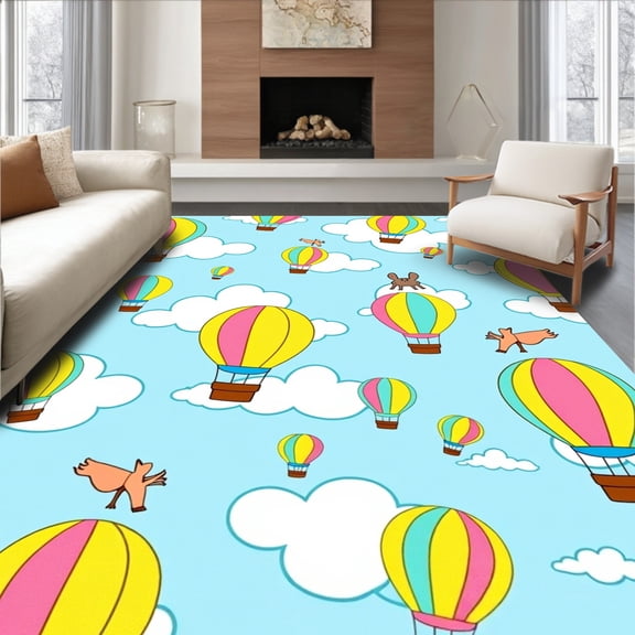 ODIKA 4'x6' Machine Washable Non-Slip Area Rug, Adventure Sky Journey With Adorable Creatures Flying Balloons High Traffic Rug, Blue, 682592