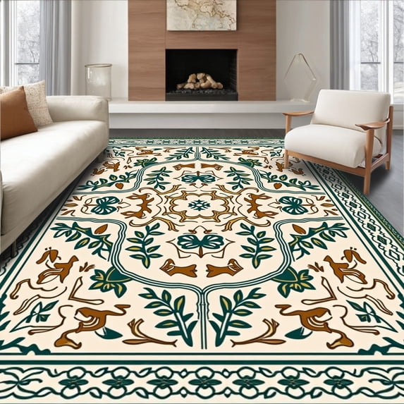 ODIKA 4'x6' Machine Washable Non-Slip Area Rug, Adventure Trail Showcasing Jungle Animals and Interlocking Leaf High Traffic Rug with Pad, Beige, 683712