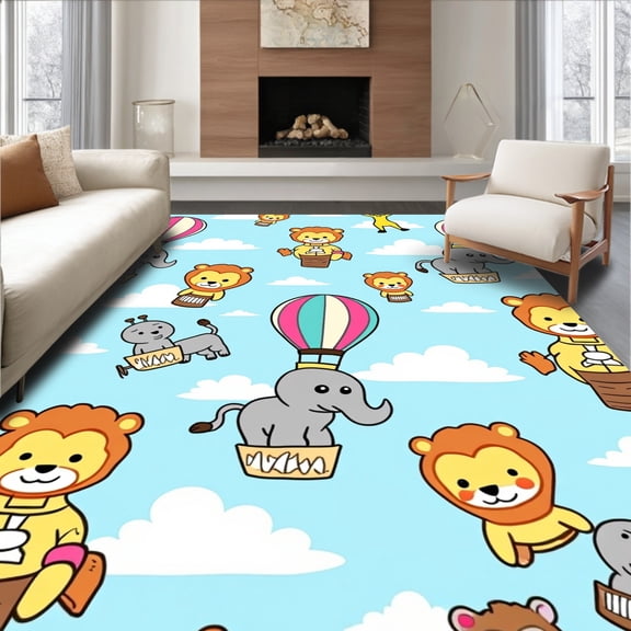 ODIKA 4'x6' Machine Washable Non-Slip Area Rug, Adventurous Safari Animals Floating Through Dreamy Sky Journey High Traffic Rug, Blue, 682544