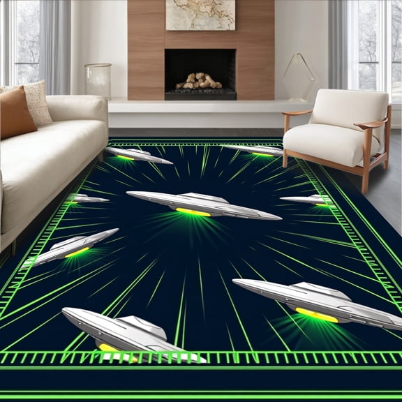 ODIKA 4'x6' Machine Washable Non-Slip Area Rug, Alien Spacecraft Landing Floor with Extraterrestrial Motifs High Traffic Rug, Gray, 440712