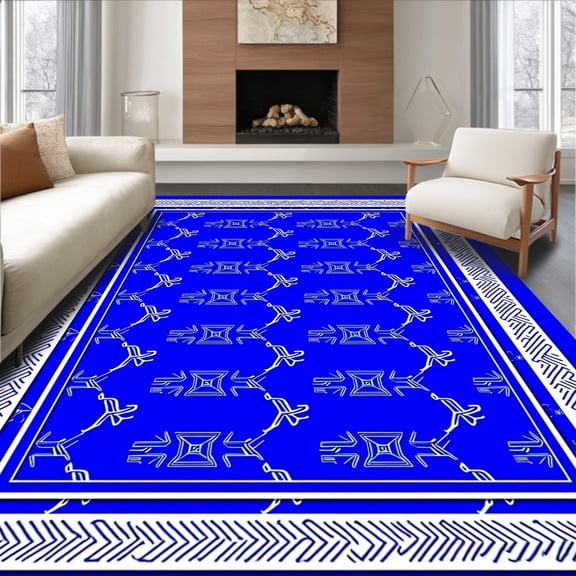 ODIKA 4'x6' Machine Washable Non-Slip Area Rug, All Emblem Mosaic with Interlocking Borders High Traffic Rug, Blue, 670084