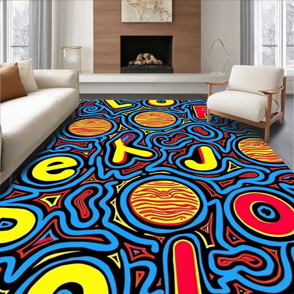 ODIKA 4'x6' Machine Washable Non-Slip Area Rug, Alphabet Motif with Celestial Letters and Planets High Traffic Rug with Pad, Blue, 687267