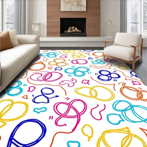 ODIKA 4'x6' Machine Washable Non-Slip Area Rug, Alphabet Parade Interlocking Letter with Playful Doodle Motifs High Traffic Rug, Pink, 689879