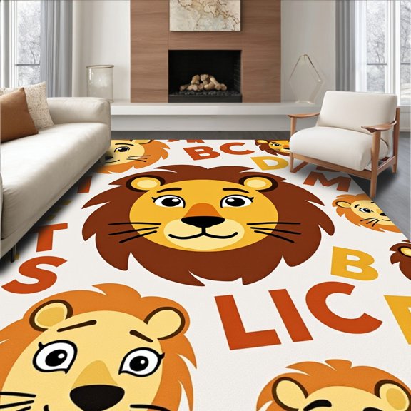ODIKA 4'x6' Machine Washable Non-Slip Area Rug, Alphabet Safari Lion Face Motif with Playful Letters and Whimsical Details High Traffic Rug, Orange, 690052