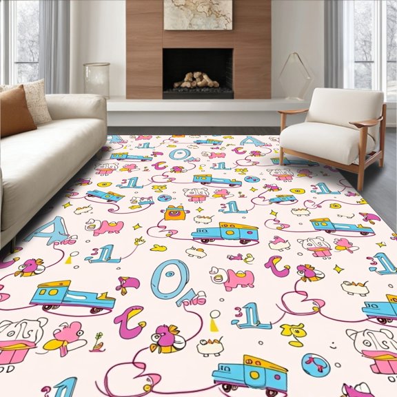 ODIKA 4'x6' Machine Washable Non-Slip Area Rug, Alphabet Train Adventure Featuring Numbers Animals and Road Motifs High Traffic Rug, Pink, 693053