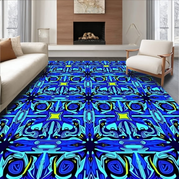 ODIKA 4'x6' Machine Washable Non-Slip Area Rug, Ancestral Jungle Beast Mosaic Artisan High Traffic Rug, Blue, 419295