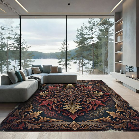 ODIKA 4'x6' Machine Washable Non-Slip Area Rug, Antique Navy Blue High Traffic Rug, Blue, 990210