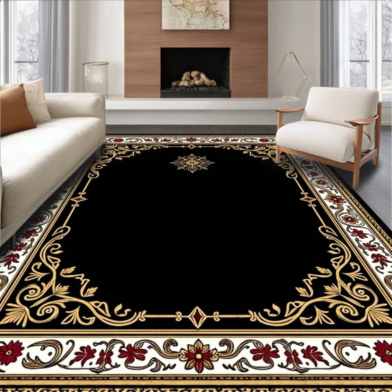 ODIKA 4'x6' Machine Washable Non-Slip Area Rug, Antiquity Panelled Medallion High Traffic Rug, Black, 663856