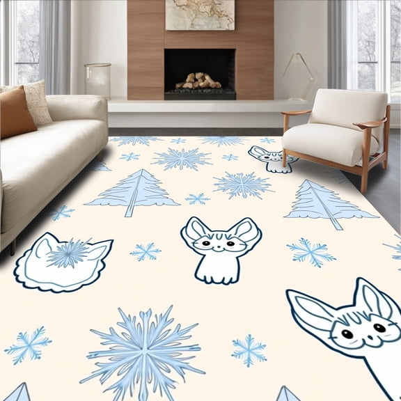 ODIKA 4'x6' Machine Washable Non-Slip Area Rug, Arctic Fox Winter Wonderland Latch Hook Kit Cross Stitch Pillow High Traffic Rug, Beige, 618613