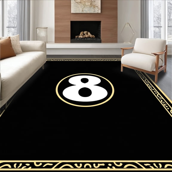 ODIKA 4'x6' Machine Washable Non-Slip Area Rug, Stylish Game Room Billiard Patterned Circular Accent High Traffic Rug, Black, 579622