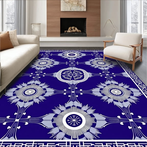 ODIKA 4'x6' Machine Washable Non-Slip Area Rug, Art Hoop Design Featuring Stylized Net and Radiant Starbursts High Traffic Rug, Blue, 670559
