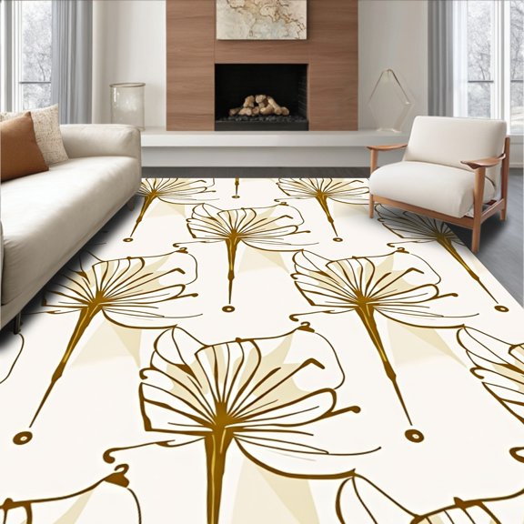 ODIKA 4'x6' Machine Washable Non-Slip Area Rug, Art Inspired Fan Motif with Subtle Metallic Highlights High Traffic Rug, Beige, 616897