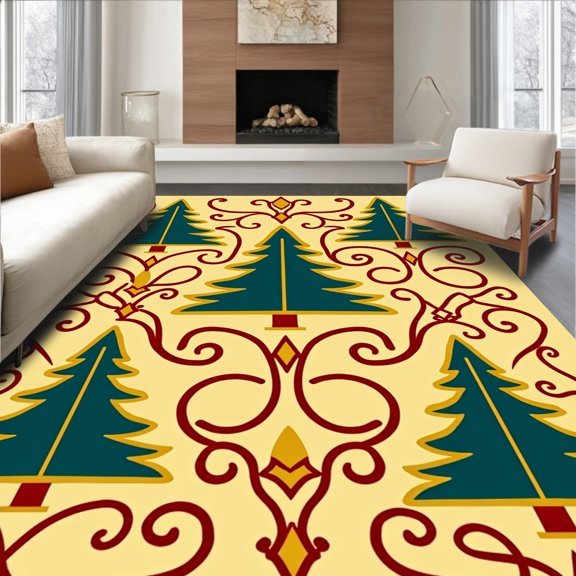 ODIKA 4x6 Machine Washable Non-Slip Area Rug, Art Inspired Festive Conifer with Stylized Ornaments and Ribbon Swirls High Traffic Rug, Beige, 627609