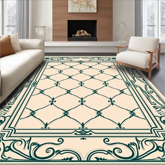 ODIKA 4'x6' Machine Washable Non-Slip Area Rug, Art Inspired Latticework with Delicate Ornamental Details High Traffic Rug with Pad, Ivory, 571743