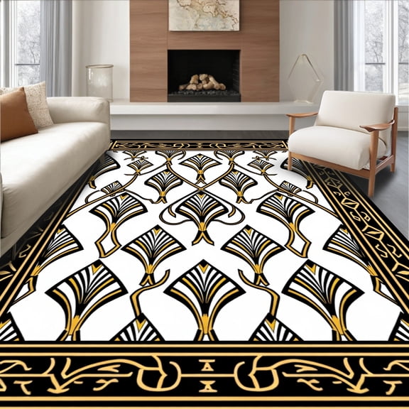 ODIKA 4'x6' Machine Washable Non-Slip Area Rug, Art Interlocking Fan with Ornate Accents High Traffic Rug, Black, 522630