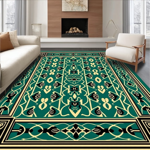 ODIKA 4'x6' Machine Washable Non-Slip Area Rug, Art Knife And Fork Array With Gold Accent Detailing High Traffic Rug with Pad, Teal, 734938