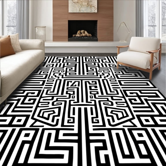 ODIKA 4'x6' Machine Washable Non-Slip Area Rug, Art Maze Design with Striking Monochrome Lines High Traffic Rug, Black, 463440