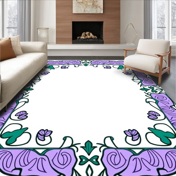 ODIKA 4'x6' Machine Washable Non-Slip Area Rug, Art Nouveau Animal with Swirling Interlocking Petal High Traffic Rug with Pad, Purple, 682150
