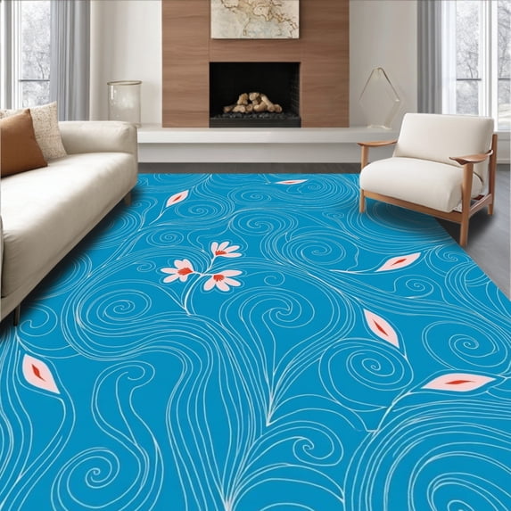 ODIKA 4'x6' Machine Washable Non-Slip Area Rug, Art Nouveau Floral with Whimsical Petal Swirls High Traffic Rug, Blue, 567287