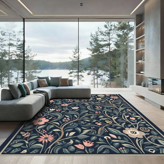ODIKA 4'x6' Machine Washable Non-Slip Area Rug, Art Nouveau Navy High Traffic Rug, Blue, 1081721