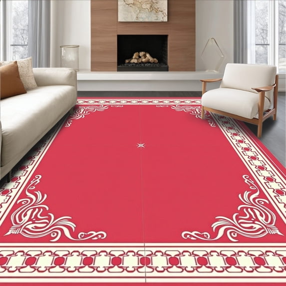 ODIKA 4'x6' Machine Washable Non-Slip Area Rug, Art Nouveau Swirl Design with Flourishing Floral Details High Traffic Rug with Pad, Red, 595741