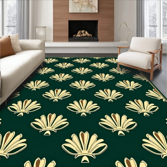 ODIKA 4'x6' Machine Washable Non-Slip Area Rug, Art Shell with Interlocking Fan Motifs and Opulent Detailing High Traffic Rug, Green, 538040
