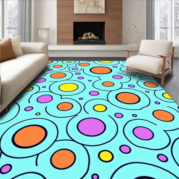 ODIKA 4'x6' Machine Washable Non-Slip Area Rug, Artful Cartoon Spot Parade with Whimsical Swirl and Dots High Traffic Rug, Blue, 722289