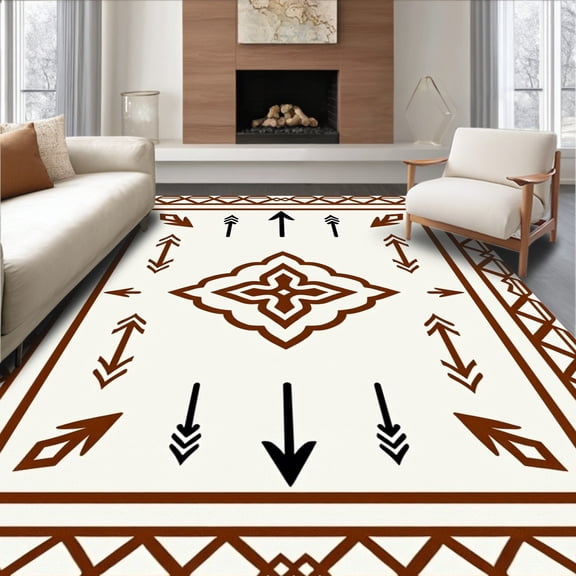 ODIKA 4x6 Machine Washable Non-Slip Area Rug, Artisan Aztec Arrows with Interlocking Zigzag Borders High Traffic Rug, Brown, 568094