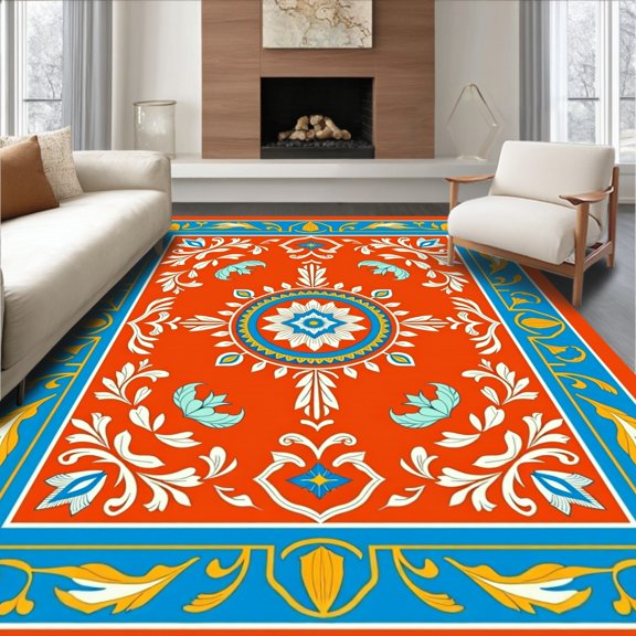 ODIKA 4x6 Machine Washable Non-Slip Area Rug, Artisan Botanical Medallion with Interlocking Leaf Sprays and Rococo Flourishes High Traffic Rug, Orange, 663418