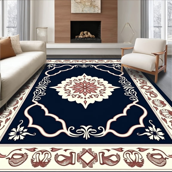 ODIKA 4x6 Machine Washable Non-Slip Area Rug, Artisan Crafted Elegant Floral Symmetrical Latticework Textile High Traffic Rug, Blue, 563723