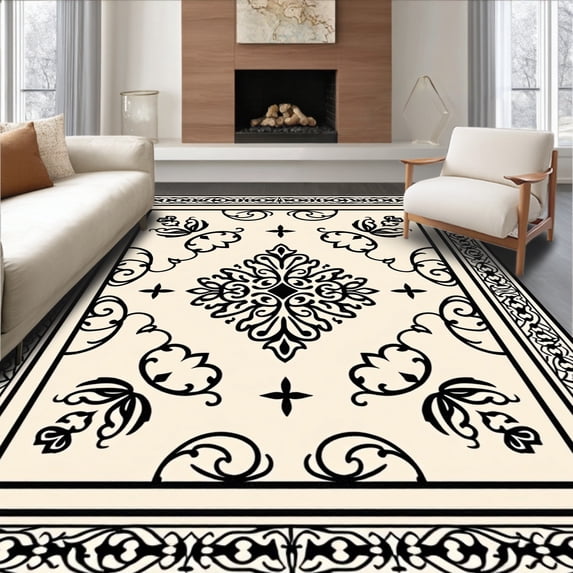 ODIKA 4'x6' Machine Washable Non-Slip Area Rug, Artisan Damask Nouveau Transitional Symphony High Traffic Rug, Beige, 463931