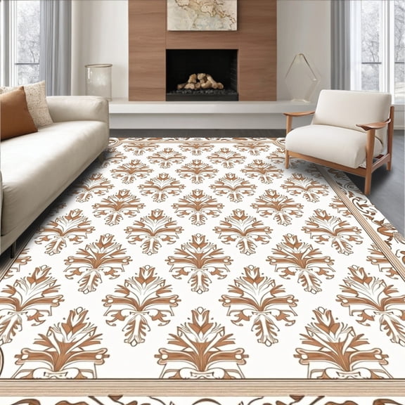ODIKA 4'x6' Machine Washable Non-Slip Area Rug, Artisan Floral Burst with Symmetrical Wreaths and Subtle Damask Detailing High Traffic Rug, Brown, 546683