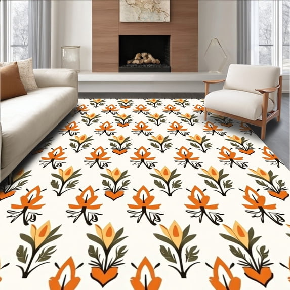 ODIKA 4'x6' Machine Washable Non-Slip Area Rug, Artisan Interlocking Latticework with Flourishing Petal Details High Traffic Rug with Pad, Orange, 470545