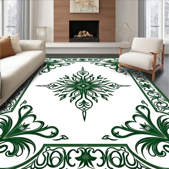 ODIKA 4'x6' Machine Washable Non-Slip Area Rug, Artisan Mosaic Damask with Intricate Vinework and Filigree Detailing High Traffic Rug, Green, 466364