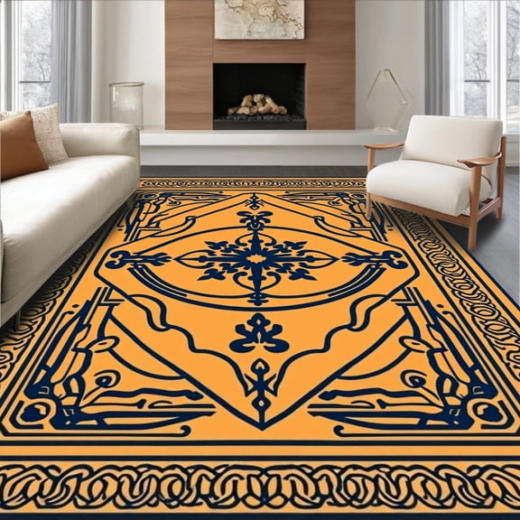 ODIKA 4'x6' Machine Washable Non-Slip Area Rug, Artisan Mosaic Patchwork with Abstract Symbols High Traffic Rug, Orange, 463292