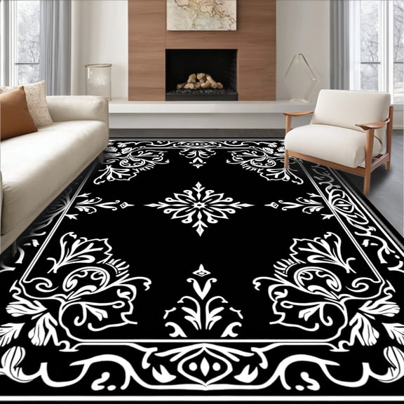 ODIKA 4'x6' Machine Washable Non-Slip Area Rug, Artistic Botanical Damask Symmetrical Ornate Luxury High Traffic Rug, Black, 461902
