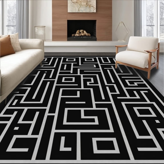 ODIKA 4'x6' Machine Washable Non-Slip Area Rug, Artistic Labyrinth Maze Crisscross Abstract High Traffic Rug, Black, 571089